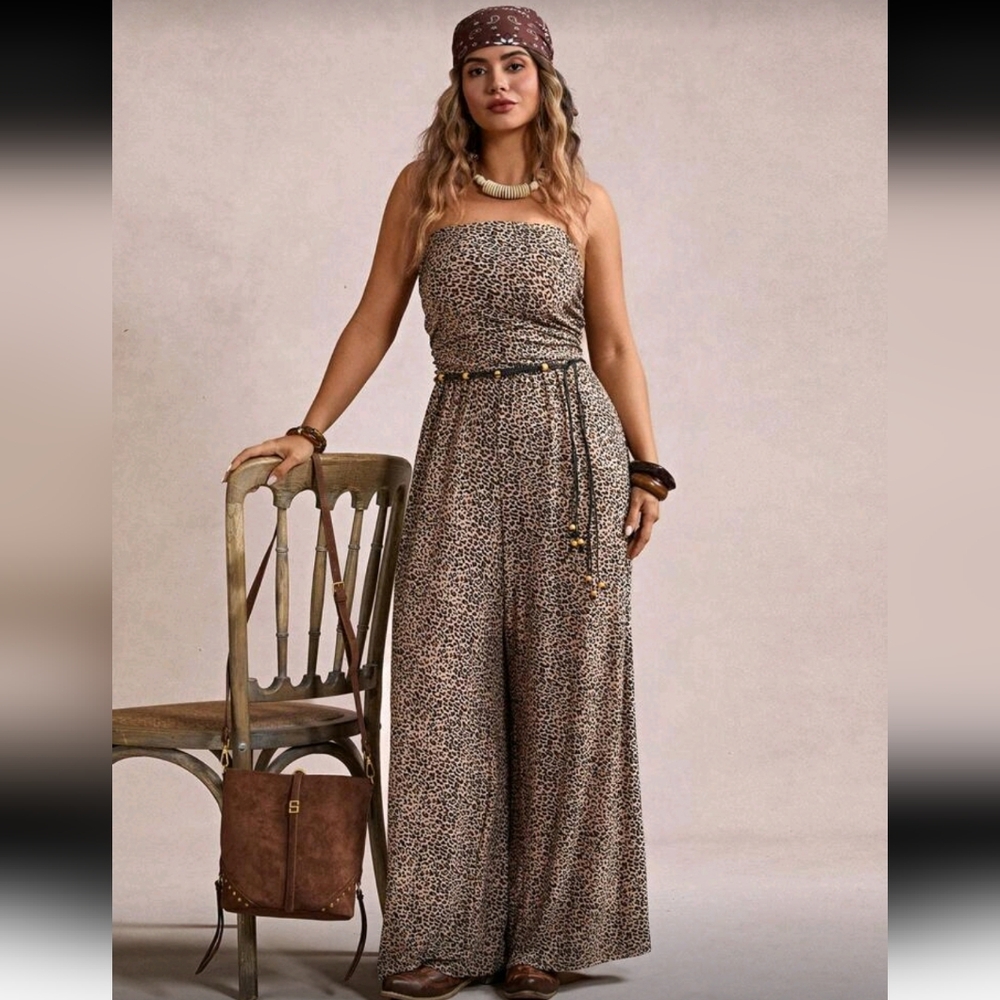 Freevana Leopard Print Strapless Wide Leg Jumpsuit Romper, 16 (2XL), Black & Tan - Picture 4 of 8